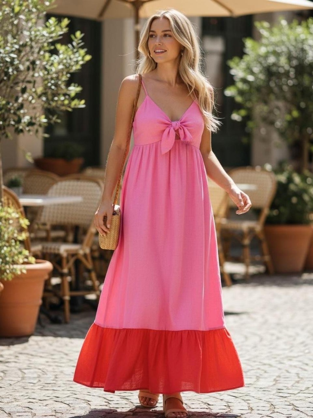 NWT Tabitha Brown Maxi Pink Red Tie Front Colorblock Barbiecore Dopamine Dress